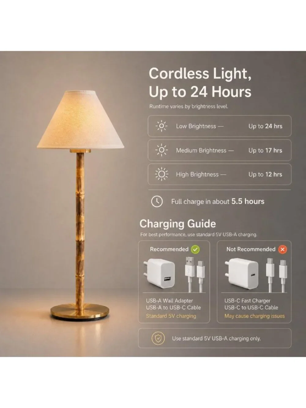 Rechargeable Bamboo Cordless LED Table Lamp - Dimmable Warm Light, Portable